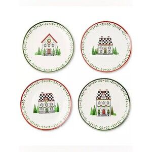 MacKenzie-Childs Holly Village Ceramic Dessert Plates Set of 4 Christmas 8”